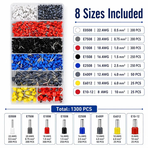 Premium Ferrule Crimping Tool Kit With 1300 PC Assorted Wire Terminals And Self Adjusting AWG 22 To 8 Gauge Crimper For Solid Electrical Connections Professional Grade Gear That Is Super Handy And Gets The Job Done Right., 8-size ferrule terminal kit with color-coded wire sleeves in assorted bins
