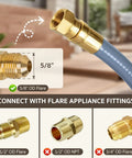 Close-up of 12 Feet 3/8 Inch ID Natural Gas Hose with brass fittings and connection types for grills and heaters.