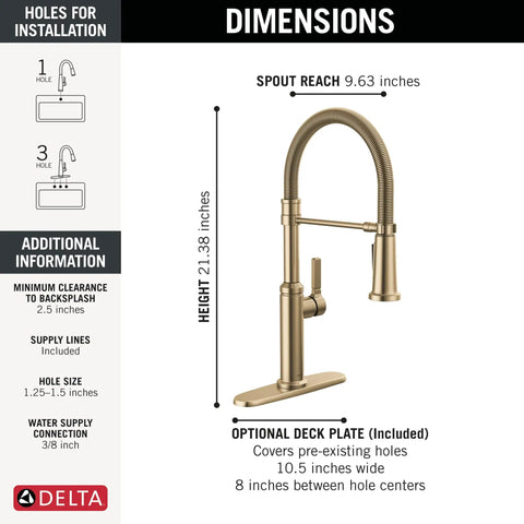 Pro Level Commercial Spring Neck Kitchen Faucet With Magnetic Docking Pull Down Sprayer Diamond Seal Tech Hella Smooth Handle Action In Champagne Bronze dimensions and installation guide.