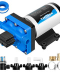 Water Pressure Pump With 70 PSI Diaphragm, 5.5 GPM 110V High Flow Workhorse for Bathrooms, Kitchens, RVs, Yachts, adapters visible