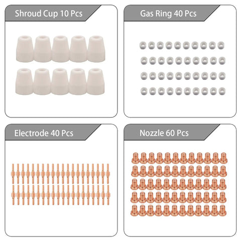 150 Piece Extended Air Plasma Cutting Consumables Kit for CUT40 CUT50D CT312 JG40 WSD40 Torches showing shroud cups, gas rings, electrodes, and nozzles.