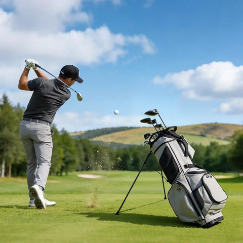 Golfer swings near Golf Cart Bag With 14 Way Top Divider And Full Length Dividers 2 In 1 Design Dual Shoulder Straps Sturdy Support Legs