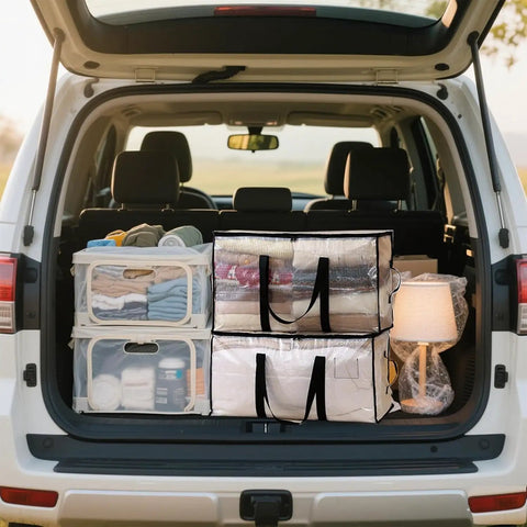 Car trunk with 8 Pack Extra Large Heavy Duty Moving Bags Waterproof Storage Totes With Handles And Zippers Foldable, stacked neatly.