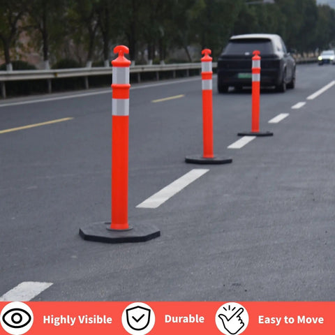 Real McCoy Heavy Duty Traffic Delineator Posts With Weighted Rubber Bases And Bright Reflective Strips For Parking Lot Safety Markers Road Construction Warning Stakes 42 Inch Tall Six Pack Built Tough on road with orange color.