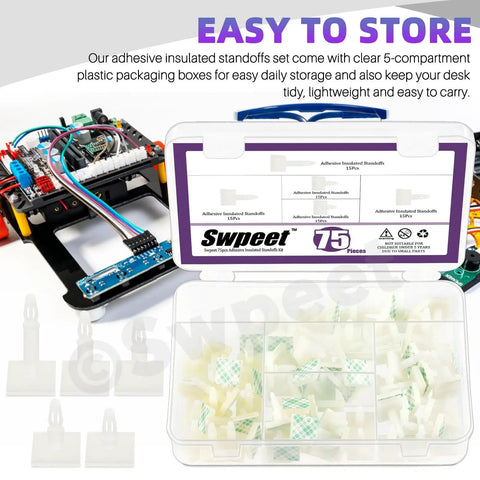 Hella Sturdy White Adhesive Insulated PCB Standoffs Assortment Kit 75 Pack featuring organized standoffs in a clear storage box.