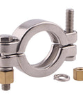 Front view of 1.5-inch stainless steel sanitary bolted tri-clamp clamp with gasket.