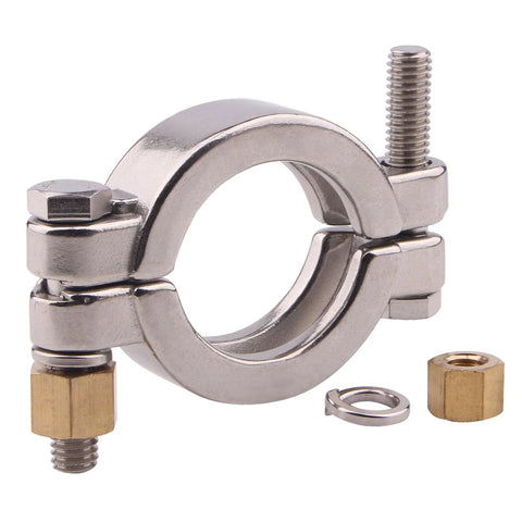 Front view of 1.5-inch stainless steel sanitary bolted tri-clamp clamp with gasket.