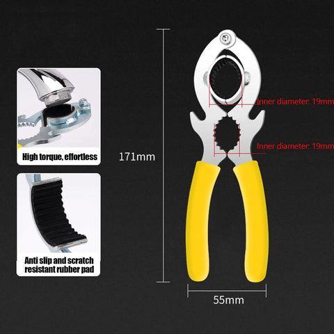 Heavy Duty Faucet Aerator Removal Wrench Tool For Kitchen And Bathroom Sink Tap Bubbler showing yellow rubber handles and chrome finish.