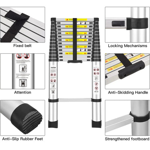 15 Ft Aluminum Telescoping Ladder For Home And Outdoor Tasks EN131 Standards Lightweight Yet Sturdy Extension Ladder details