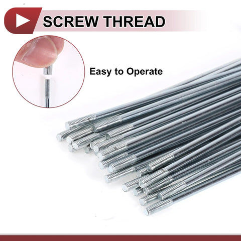 Close-up of 36 Piece 12G Bicycle Spokes Set with 12G nipple threads, showcasing screw thread and silver galvanized finish.