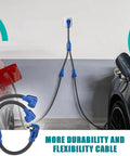 Road Ready Nema 14 To 50Y Splitter Cable 50 Amp 3 Foot Extension Cord for simultaneous RV EV charging, showing dual connectors and wall plug.