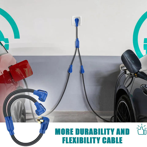 Road Ready Nema 14 To 50Y Splitter Cable 50 Amp 3 Foot Extension Cord for simultaneous RV EV charging, showing dual connectors and wall plug.