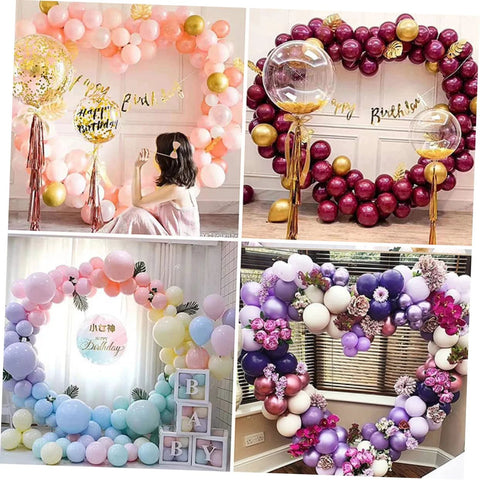 LABRIMP balloon stand kit for heart arch decor; collage of pastel pink, purple, and maroon balloon arches.