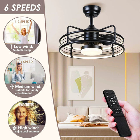 Caged Ceiling Fan With Lights In Black, Outdoor Ceiling Fan With Remote, Reversible 8 ABS Blades, Low Profile Indoor Outdoor Fixture For Patios Farmhouse Decor shown in living room