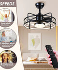 Caged Bladeless Ceiling Fan With Light Remote Control Reversible And Dimmable LED Ring Low Profile Flush Mount 6 Speed Quiet