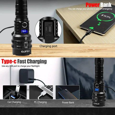 Ridiculously Bright 100000 Lumen Rechargeable Tactical Flashlight With XHP70.2 LED showing USB-C charging options and power bank use.