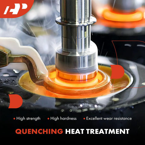 Close-up of quenching heat treatment process on metal part, showcasing high strength, hardness, and wear resistance properties.