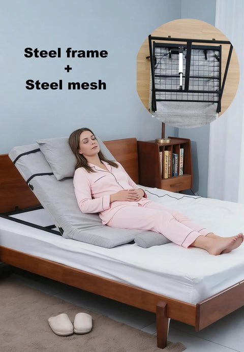 Sturdy Greenlemon Electric Bed Backrest Lifter With Remote Adjustable Support For Heavy Duty Use Up To 300 Pounds Load Capacity Flexible Angle Settings From Four To Sixty Eight Degrees, shown in use with a steel frame.