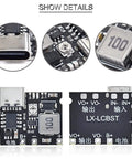 Close-up of Dead Simple Five Pack 18650 Lithium Ion Battery Charger Board with Type C input and adjustable output.