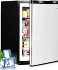 Compact Upright Freezer Featuring Tunable Thermostat And Snap Out Shelves showing ice cream tubs and frozen goods in silver and black finish.