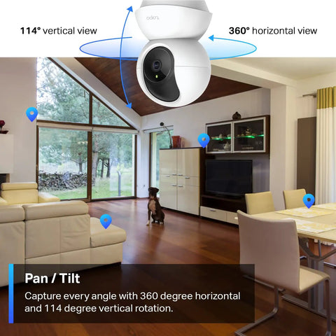 2K Pan Tilt Home Security Camera For Baby And Pet Monitor With Motion Alerts, 2 Way Audio, Night Vision in a living room setting