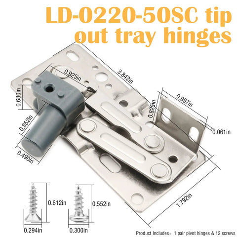 Two Pack Buttery Smooth Soft Close Pivot Tip Out Tray Hinges Heavy Duty Beast For Kitchen Cabinets And Furniture Doors Solid Steel Construction. LD-0220-50SC hinge with detailed dimensions.
