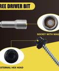 Free driver bit and detailed view of external hex head of Professional Grade Size 10 X One And A Half Inch Black Hex Head Self Drilling Roofing Screws.