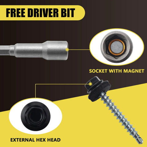 Free driver bit and detailed view of external hex head of Professional Grade Size 10 X One And A Half Inch Black Hex Head Self Drilling Roofing Screws.