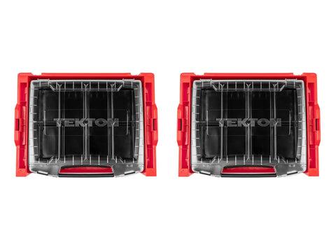 Front view of two TEKTON Six-Drawer Rolling Stack With Tool Box And L-BOXX 2 Trays, heavy-duty mobile garage organizer with red frames.