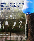 No Sweat Premium Grade Personal Water Filter Straw Camo 6 Pack shown with gravity filter system on tree.