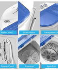 Compact Electric Washer And Dryer Combo Featuring Separate Wash And Spin Bins, No Sweat Gravity Drain, showing water inlet, drain hose, pulsator, and spin tub.