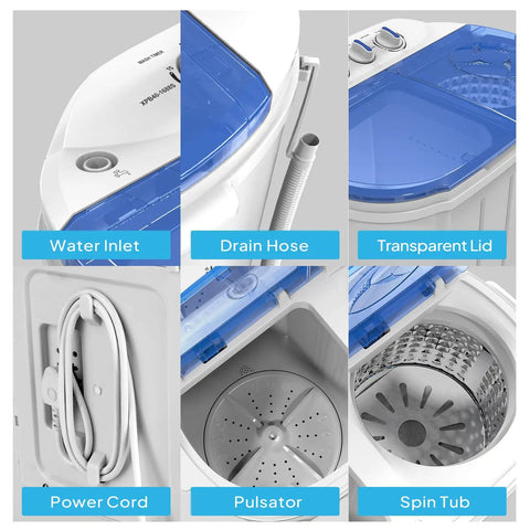 Compact Electric Washer And Dryer Combo Featuring Separate Wash And Spin Bins, No Sweat Gravity Drain, showing water inlet, drain hose, pulsator, and spin tub.