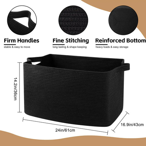 95L Extra Large Blanket Basket For Living Room And Nursery 24 By 16.9 By 14.2 Inch Woven Storage Bin in Black with firm handles