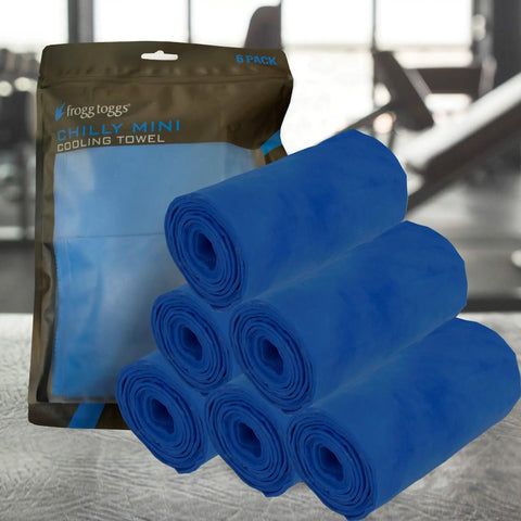 Chilly Mini Cooling Neck Towel Pack Of 6 Blue 29x3 Inches, hyper evaporative material, packaged set with rolled towels visible