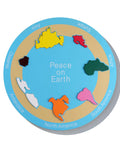 Big Hands On Seven Continents Puzzle Wooden World Map Board For Kids showing colored continents and 'Peace on Earth' text