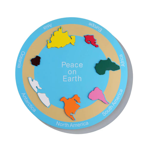 Big Hands On Seven Continents Puzzle Wooden World Map Board For Kids showing colored continents and 'Peace on Earth' text