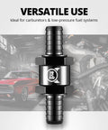 Front view of Evil Energy inline fuel check valve, black with silver center, 3/8 in (10 mm) OD.