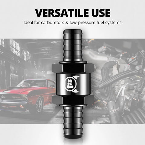 Front view of Evil Energy inline fuel check valve, black with silver center, 3/8 in (10 mm) OD.