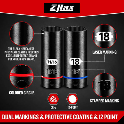 Three Eighths Inch Drive 12 Point Impact Socket Set With Deep And Shallow Sockets, CR-V, dual markings, colored rings