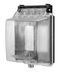 Outdoor Electrical Outlet Cover, Dual Gang Weatherproof Enclosure For Wet Locations, Waterproof Box Plug Covers, Black, Impact-Resistant Polycarbonate, UL Extra-Duty Rated, Keeps Receptacles Dry And Accessible, shown from front angle with clear cover.