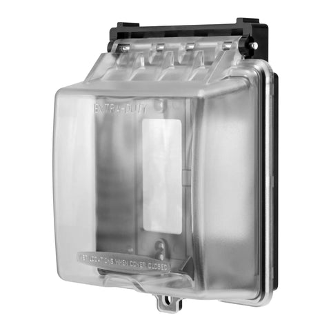 Outdoor Electrical Outlet Cover, Dual Gang Weatherproof Enclosure For Wet Locations, Waterproof Box Plug Covers, Black, Impact-Resistant Polycarbonate, UL Extra-Duty Rated, Keeps Receptacles Dry And Accessible, shown from front angle with clear cover.