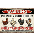 Metal 8x12 inch warning highly trained chickens tin sign for chicken coops and farm decor with cartoon chickens and bold text.