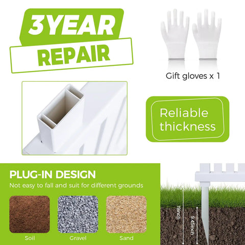 Outdoor Privacy Fence Panels Kit 48x48 Inch White Vinyl Slat Fence details with gift gloves and metal stakes for easy installation.