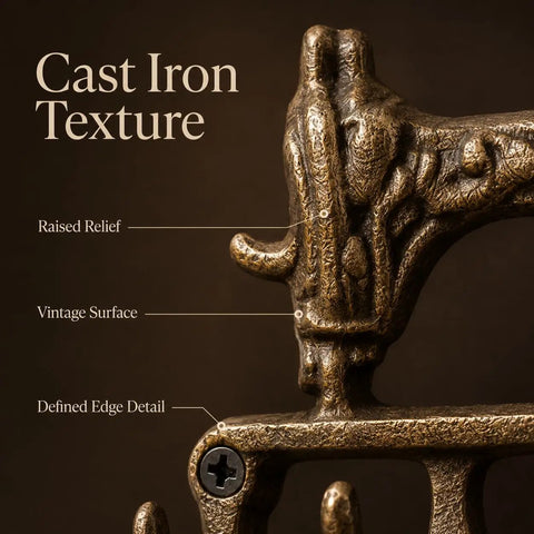 Close-up of Slick Vintage Cast Iron Sewing Machine Wall Hook showing raised relief and textured finish.