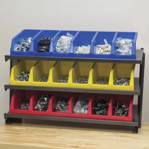 Garage Ready Heavy Duty Three Shelf Work Bench Storage Rack With Angled Shelves For Plastic Bins, 36 And Three Quarters Inches Wide, 12 Inches Deep, 25 Inches High, Gray, loaded with sorted hardware bins on a wooden table.