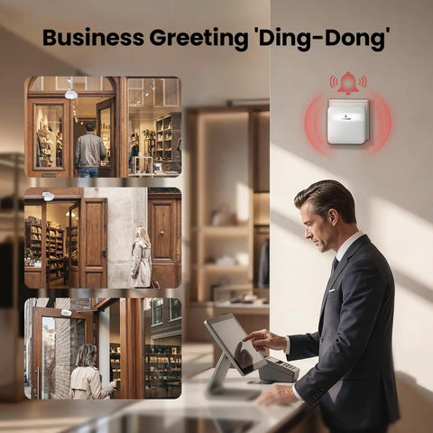 Wireless Doorbell Chime With 32 Dope Ringtones, Pair Up To 20 Sensors, 500ft Range, 5 Level Volume, LED Indicator, Perfect for Home, Store, Office, and Caregiver Use wall-mounted white receiver with LED alert