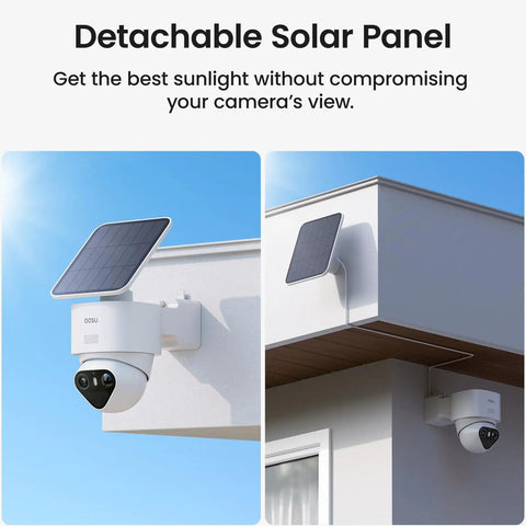 4K True Color Outdoor Security Camera With Solar Power Wireless WiFi AI Triple Detection 360 Degree Auto Tracking Night Vision Weatherproof Home Surveillance mounted on wall with detachable solar panel view.