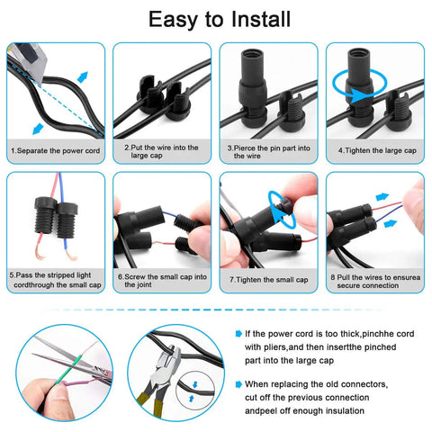 Installation steps for 60 Pack Low Voltage Landscape Lighting Connectors Waterproof 12-20 Gauge Quick Lock Wire Connectors.