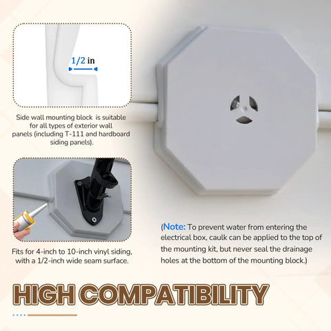 Easy Fit Mounting Block Kit For Vinyl Siding Half Inch Lap White Fits Four To Ten Inch Siding Durable ABS Construction With Paintable Surface No Fuss Simple DIY Mounting And Replacement Solution. white ABS mounting block for 1/2 in lap siding with built-in box