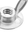 Close-up of a stainless steel wing nut from the Beefy Heavy Duty Hurricane Shutter Wing Nuts 20 Pack One Quarter Twenty Threaded Wing Nut Driver Tool With Washers Storm Shutter Bolts For Metal Frame Beds And Scuba Backplates.